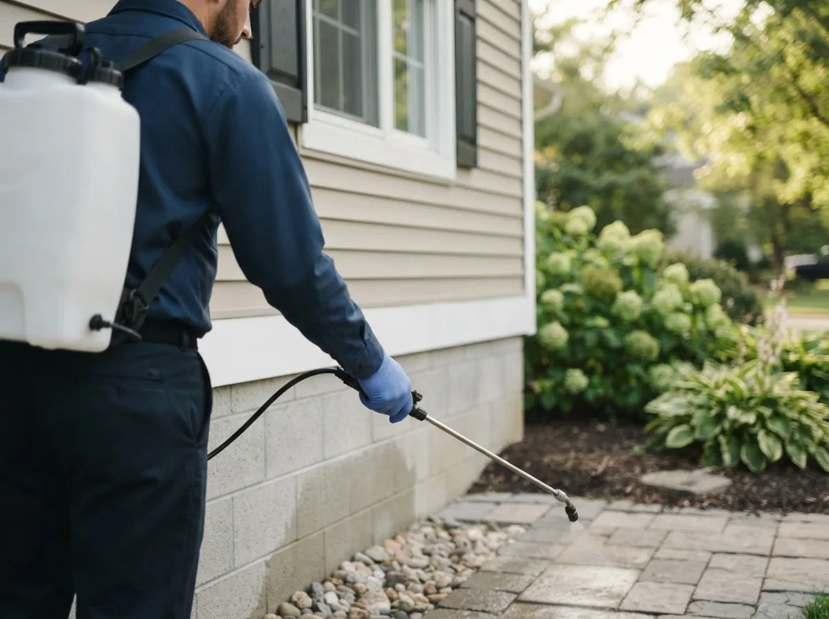 Pest control technician inspecting a home in Himrod, NY